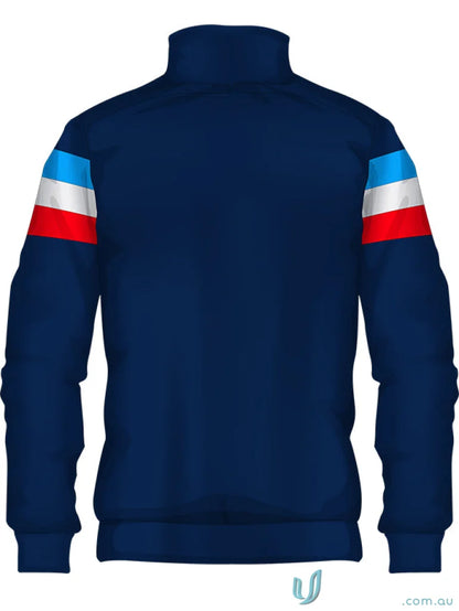 Blue track jacket with striped sleeves from JK108 Custom Jacket, made with sublimated sports fabric