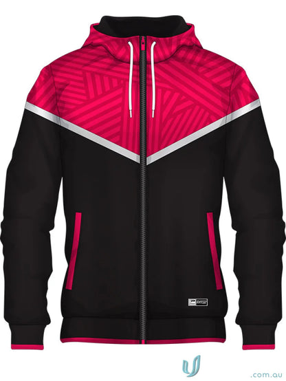 Black and pink hooded zip-up jacket from JK109 Custom Jacket made with sublimated garments brings sports fabric style
