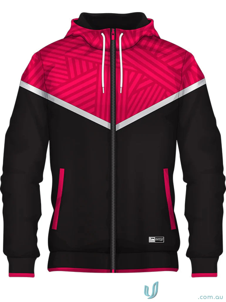Black and pink hooded zip-up jacket from JK109 Custom Jacket made with sublimated garments brings sports fabric style