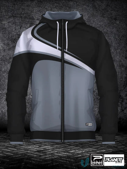 Black and gray hooded zip-up jacket from JK110 Custom Jacket made with sublimated sports fabric