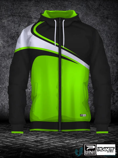 Black and green hooded jacket from JK110 Custom Jacket made with sublimated sports fabric