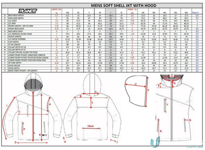 Men’s soft shell jacket size chart on sublimated sports fabric for JK110 Custom Jacket