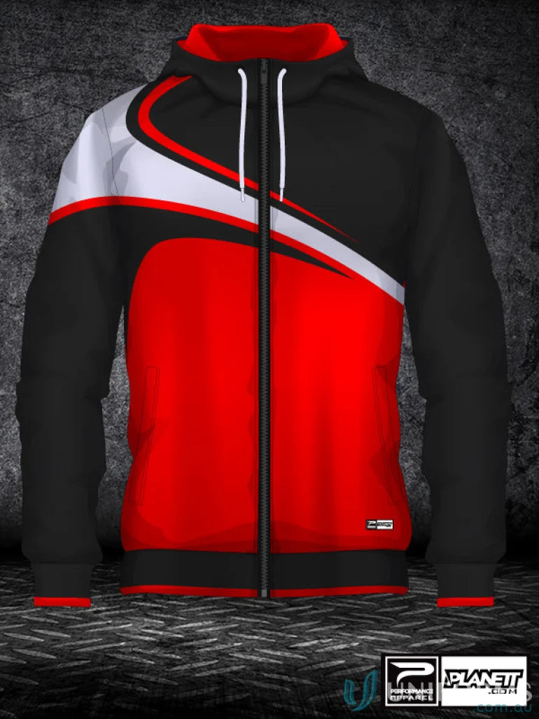 Custom made sublimated garments Red black white hooded zip-up jacket JK110 with free set button holes