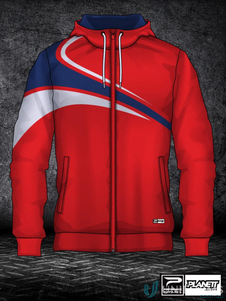 Red hooded zip-up jacket with blue and white accents from JK110 Custom Jacket made with sublimated sports fabric