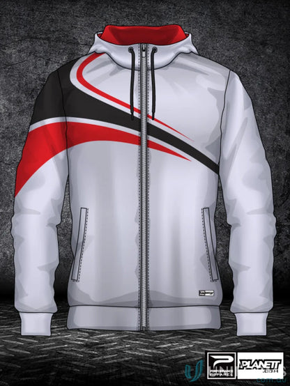 White hooded zip-up jacket with red and black accents from JK110 Custom Jacket featuring sublimated sports fabric