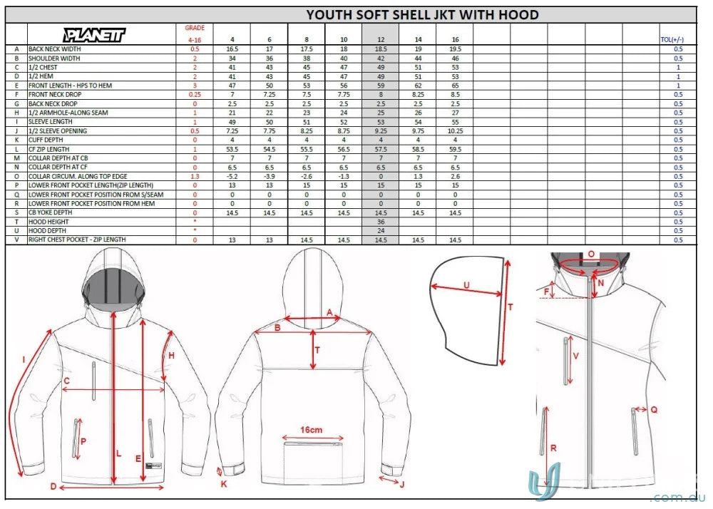 Youth soft shell jacket sizing chart for JK110 Custom Jacket with custom made sublimated garments