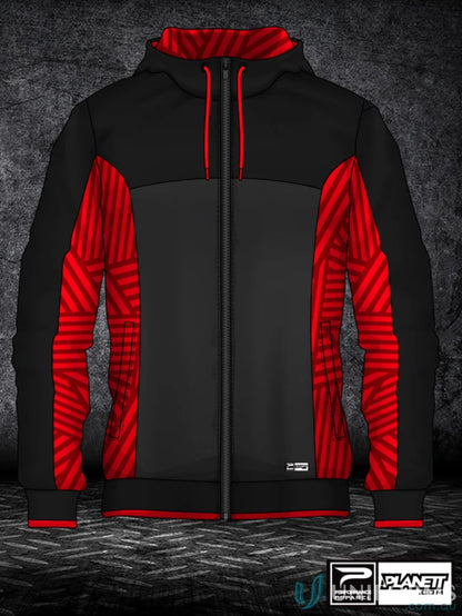 Black and red hooded jacket from JK111 Custom Jacket made with custom made sublimated sports fabric