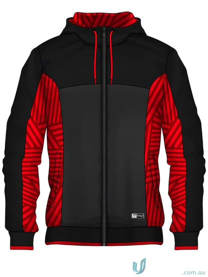 Black and red hooded zip-up jacket from JK111 Custom Jacket, made with sublimated sports fabric