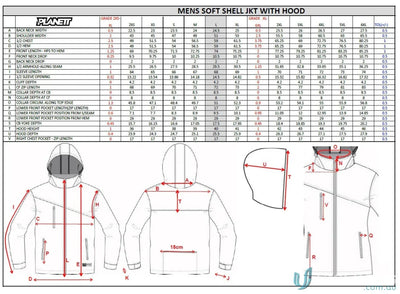 Men’s soft shell jacket size chart with diagrams for JK111 Custom Jacket made with sublimated garments brings sports fabric