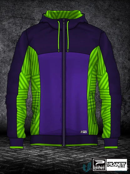 Purple and green hooded zip-up jacket from JK111 Custom Jacket, perfect for sublimated garments on sports fabric