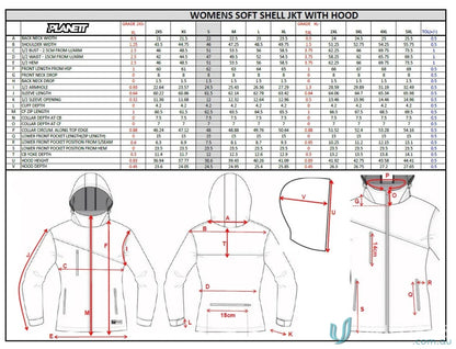 Women’s soft shell jacket size chart with diagrams for JK111 Custom Jacket sublimated garments brings style