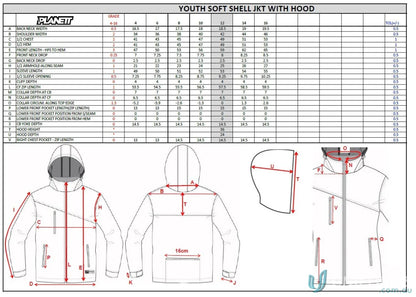 Youth soft shell jacket size chart for JK111 Custom Jacket made with sublimated garments brings sports fabric