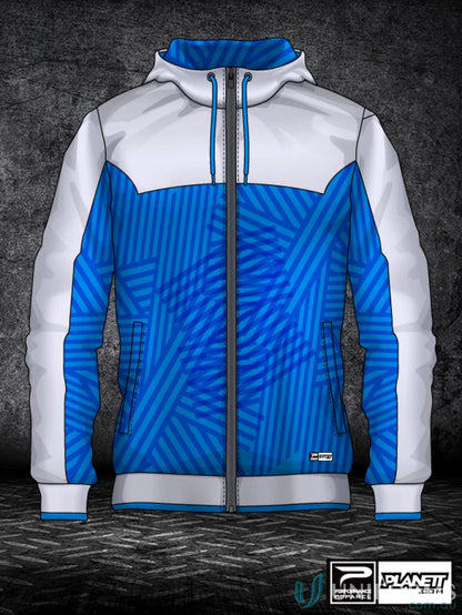 JK113 Custom Jacket with blue and white sports fabric, made sublimated garments