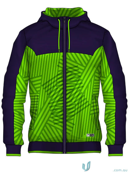Green and purple hooded jacket made with sublimated sports fabric from JK113 Custom Jacket