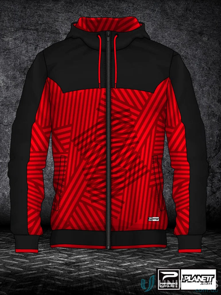 Red and black hooded jacket from JK113 Custom Jacket made with sublimated sports fabric