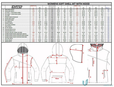 Women’s soft shell jacket size chart for JK113 Custom Jacket made with sublimated sports fabric