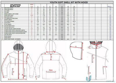 Youth soft shell jacket size chart for JK113 Custom Jacket made with sublimated sports fabric