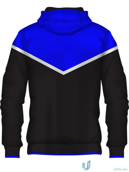 Blue and black hoodie from JK114 Custom Jacket, perfect for custom made sublimated sports fabric gear