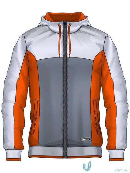 JK115 Custom Jacket: Hooded zip-up with orange and gray accents in sports fabric
