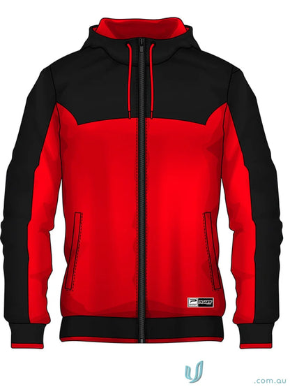 Red and black hooded zip-up jacket from JK120 Custom Jacket made with sublimated garments and sports fabric
