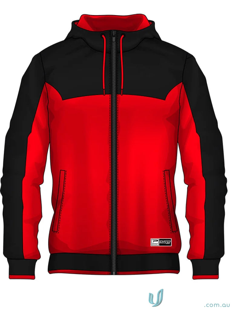 Red and black hooded zip-up jacket from JK120 Custom Jacket made with sublimated garments and sports fabric