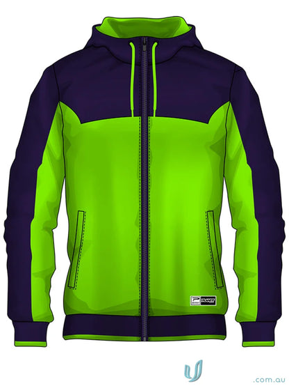 Two-tone hooded zip-up jacket from JK120 Custom Jacket made with sublimated sports fabric