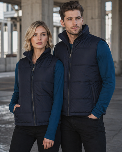 Navy blue quilted everest puffer vest with front zipper and side pockets ideal for workwear uniforms and cold days