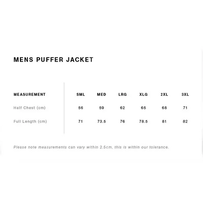 Josh puffer jacket in black with cm size chart