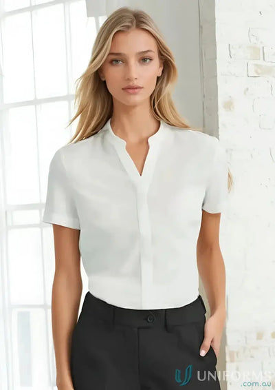White short-sleeved blouse from Juliette SS Blouse collection, perfect for stylish uniforms rb977ls