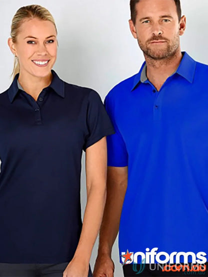 Two people modeling Kahve Polo shirts made of cationic polyester for stylish workwear