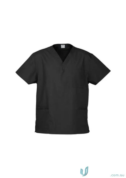 Black V-neck scrub top made from natural stretch fabric in the Kangan Unisex Classic line for all-day comfort