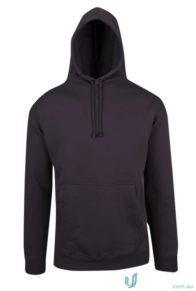 Black hooded sweatshirt with kangaroo pocket, perfect for casual uniforms and workwear