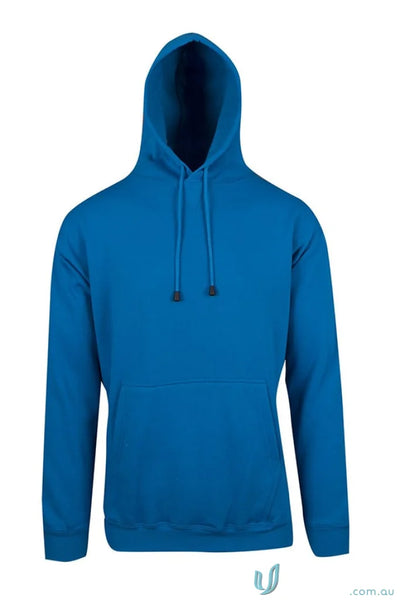 Blue hooded sweatshirt with kangaroo pocket, perfect for uniforms or casual workwear