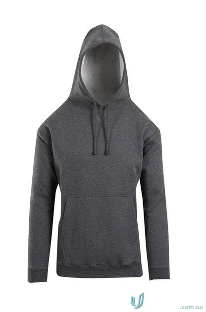 Gray hooded sweatshirt with kangaroo pocket, perfect for uniforms and workwear