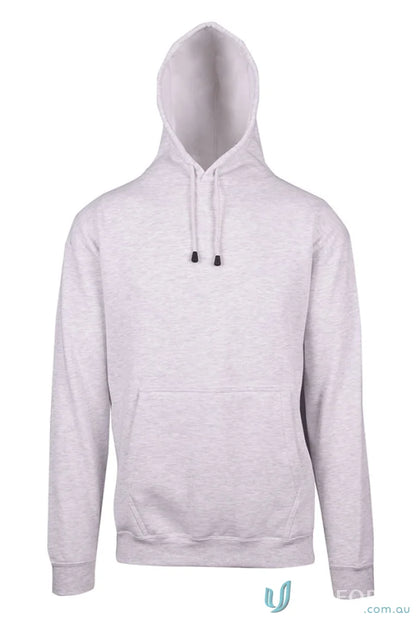 Gray hooded sweatshirt with kangaroo pocket ideal for casual uniforms or workwear