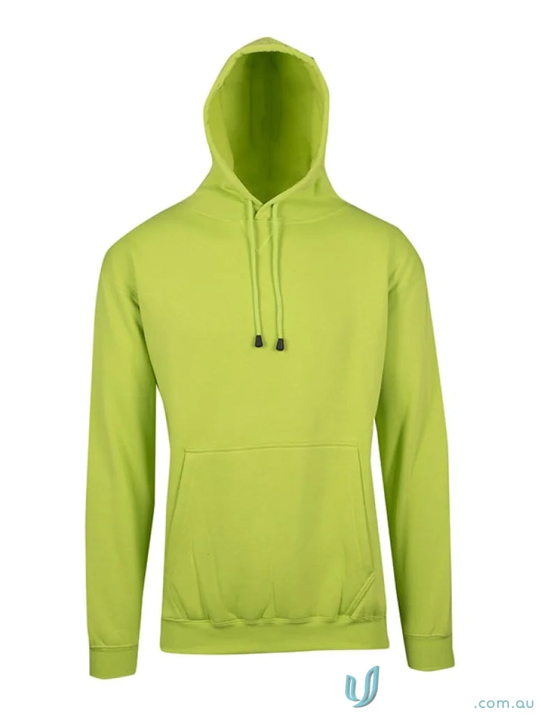 Lime green hooded sweatshirt with kangaroo pocket, perfect for workwear and uniforms