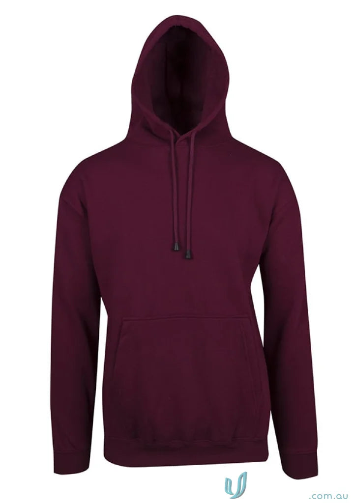 Maroon hooded sweatshirt with kangaroo pocket perfect for uniforms and workwear