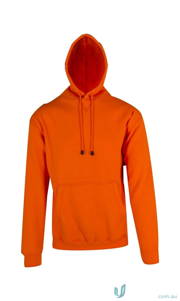 Bright orange hooded sweatshirt with kangaroo pocket perfect for casual workwear or uniforms