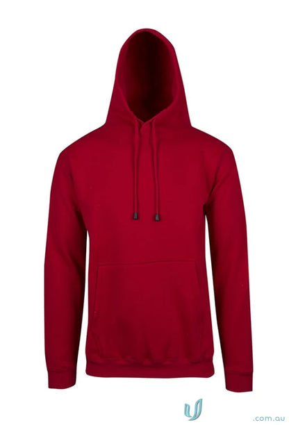 Red hooded sweatshirt with kangaroo pocket, perfect for uniforms and workwear