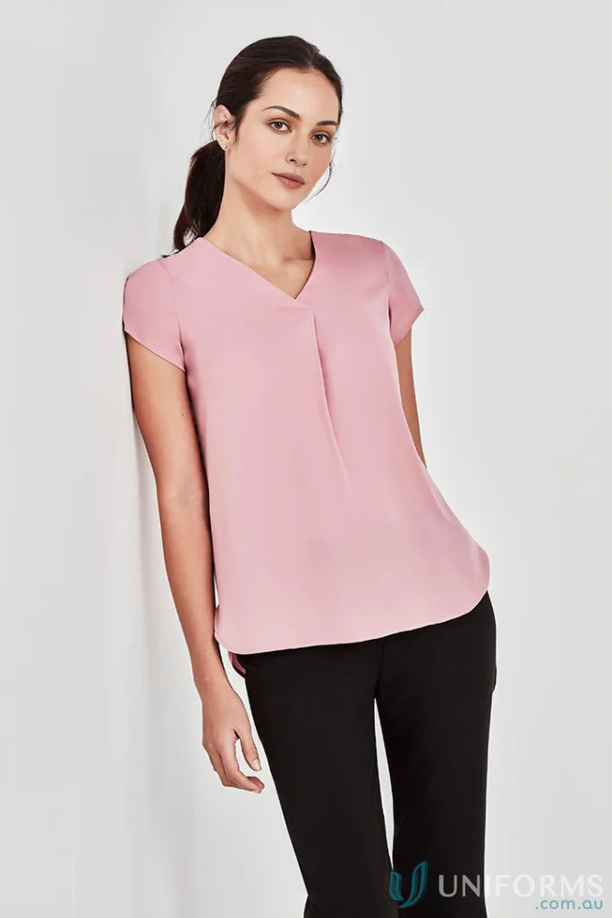 Kayla V-Neck Pleat Blouse in pink with black pants RB967LS Biz Collection style
