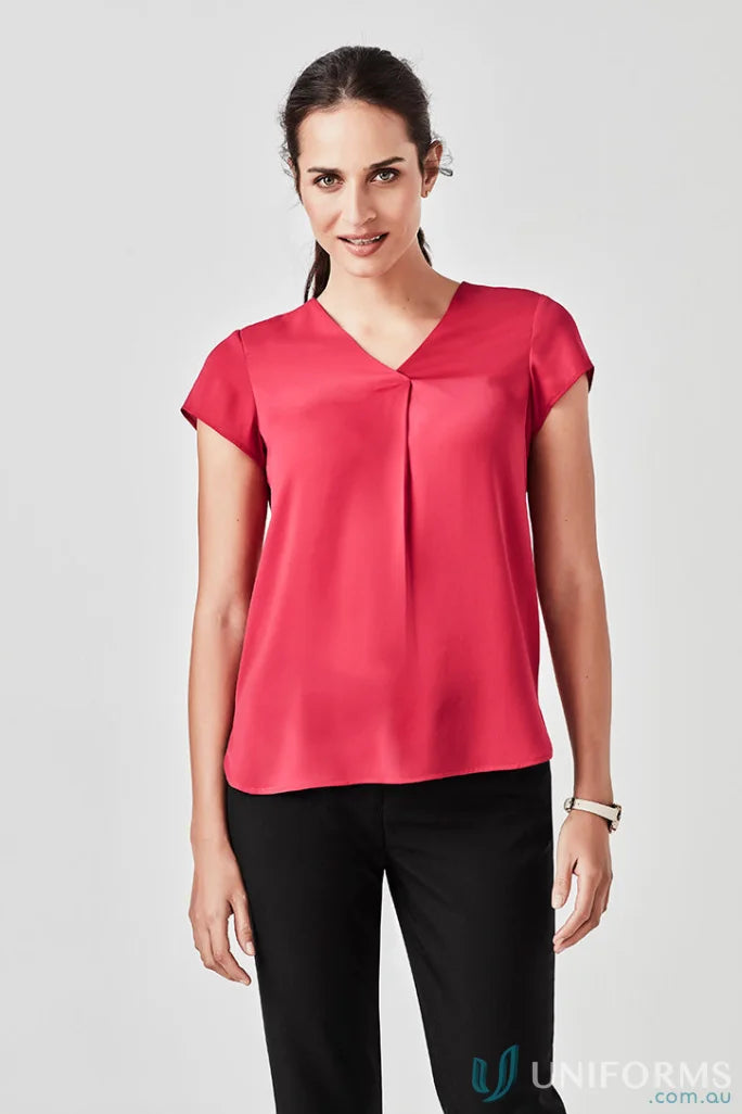 Kayla V-Neck Pleat Blouse RB967LS from Biz Collection with woman’s red top and black pants