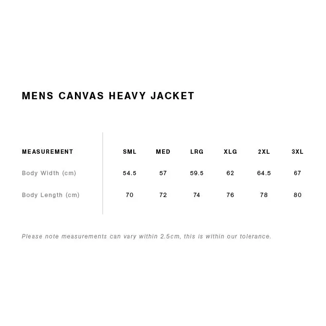Keely Canvas Jacket: mens heavy canvas with cm measurements, S-3XL
