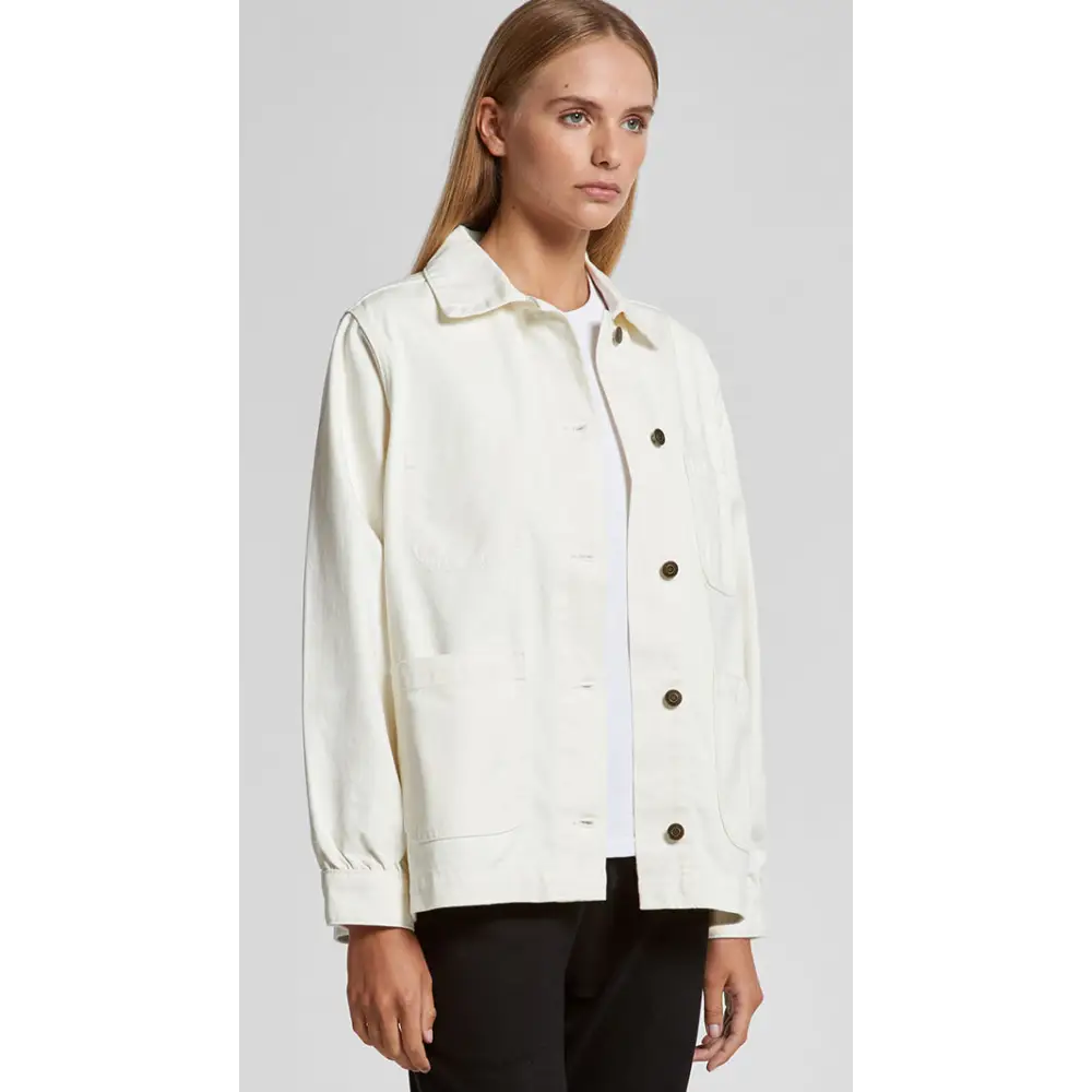 Keely denim jacket in white with black buttons and collar, casual style