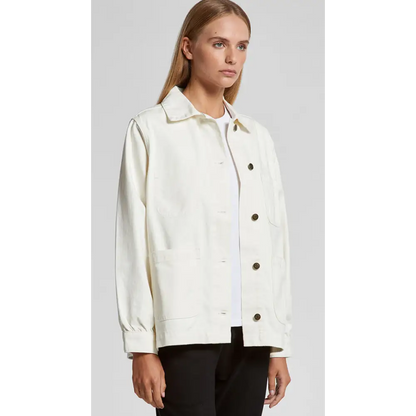 Keely denim jacket in white with black buttons and collar, casual style