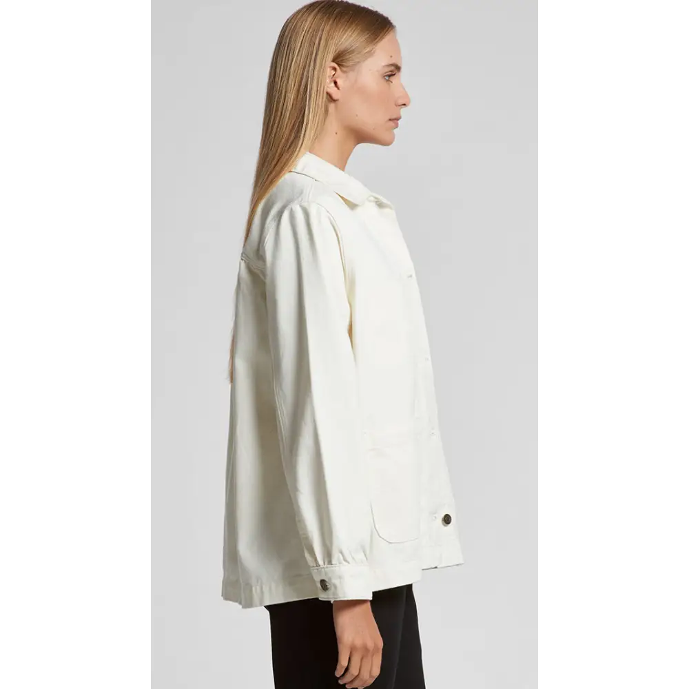 Keely denim jacket in white cotton with button closure and pocket details