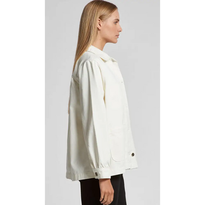 Keely denim jacket in white cotton with button closure and pocket details