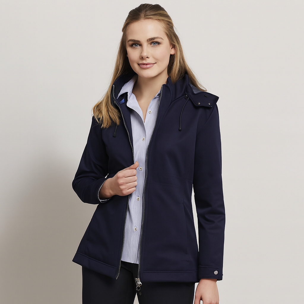 Navy blue Kennards Ladies Horizon Jacket with hood, zipper details, stay dry waterproof rating