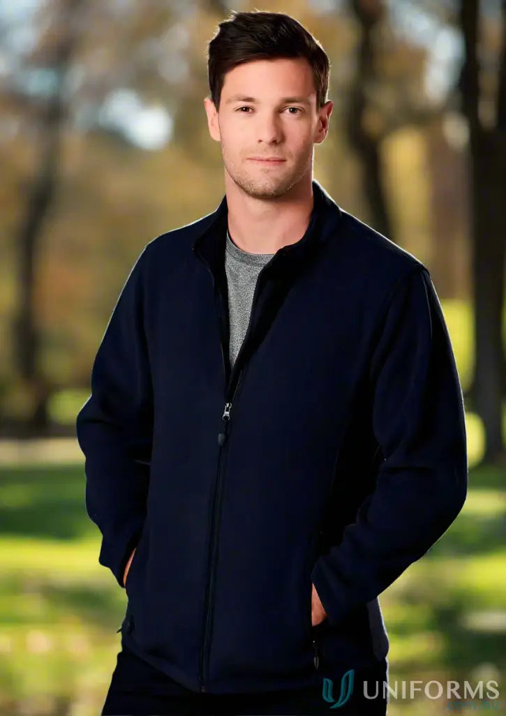 Man wearing Kennards EMB Micro Polar Jacket in dark blue, perfect for workwear and uniforms