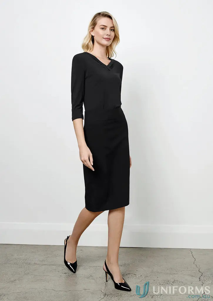 Black V-neck midi dress with a comfy fit, slight stretch, perfect for uniforms