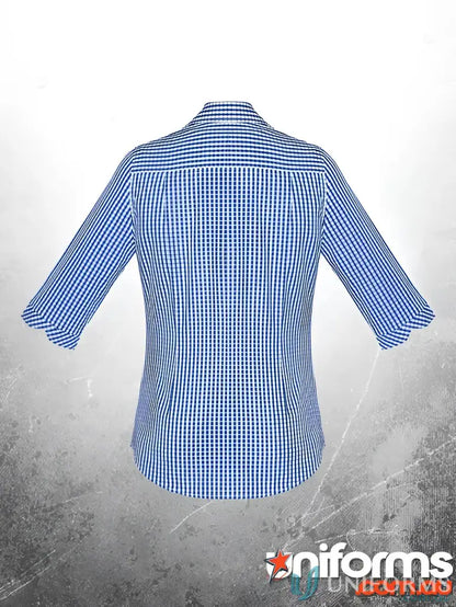 Blue and white checkered KENNARDS Ladies Check 3Q Shirt, perfect fit for workwear or uniforms